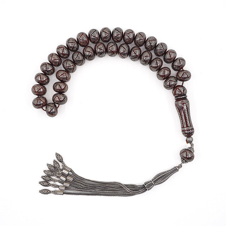 Master Crafted Silver Inlaid Wheel Cut Kuka Wood Tasbeeh (with Silver Tassel &amp; Special Box) - WATD485