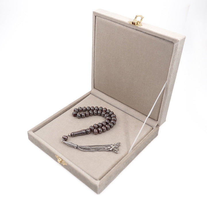 Master Crafted Silver Inlaid Wheel Cut Kuka Wood Tasbeeh (with Silver Tassel &amp; Special Box) - WATD485
