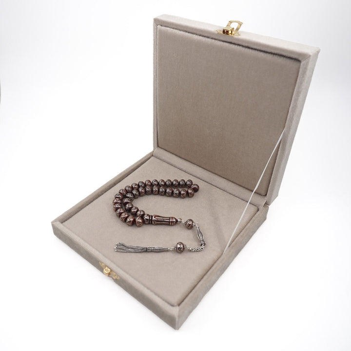 Master Crafted Silver Inlaid Wheel Cut Kuka Wood Tasbeeh (with Silver Tassel &amp; Special Box) - WATD486