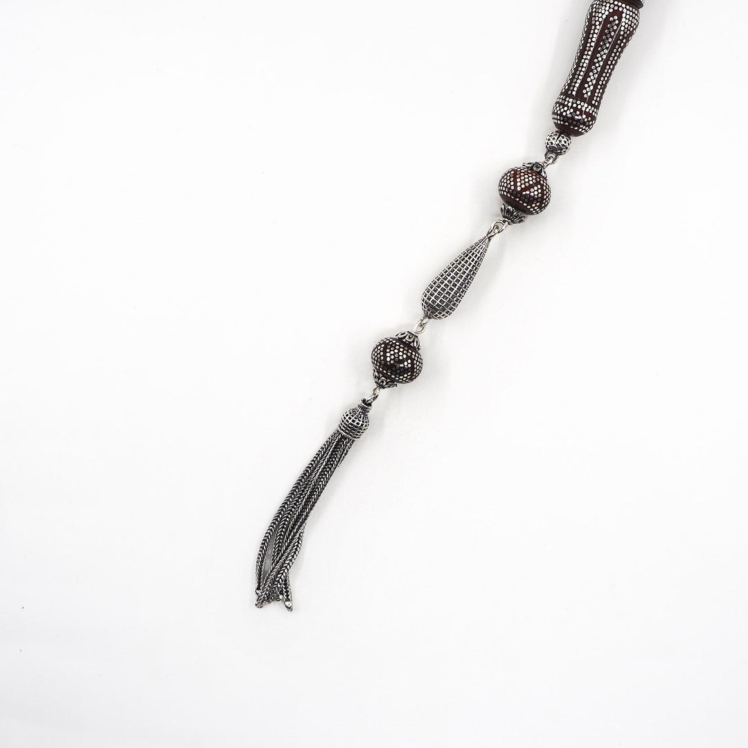 Master Crafted Silver Inlaid Wheel Cut Kuka Wood Tasbeeh (with Silver Tassel &amp; Special Box) - WATD487