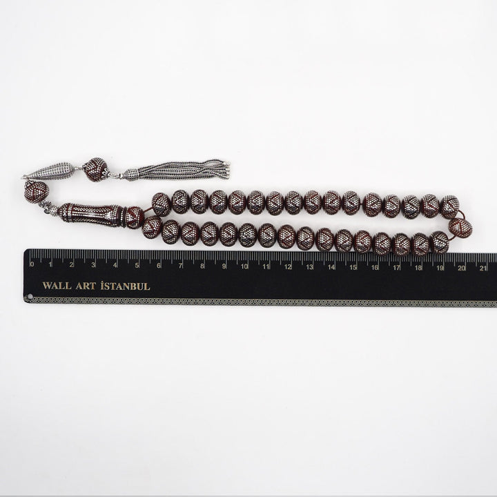 Master Crafted Silver Inlaid Wheel Cut Kuka Wood Tasbeeh (with Silver Tassel &amp; Special Box) - WATD487