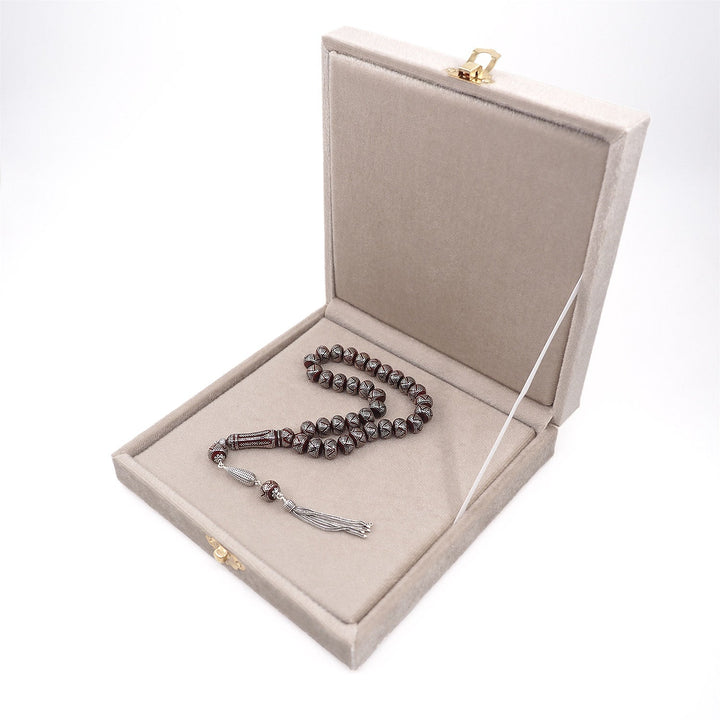 Master Crafted Silver Inlaid Wheel Cut Kuka Wood Tasbeeh (with Silver Tassel &amp; Special Box) - WATD487