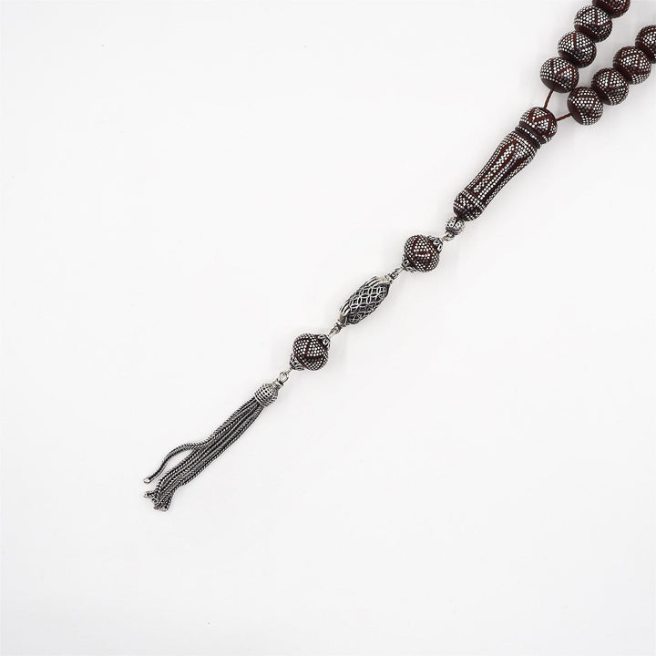Master Crafted Silver Inlaid Wheel Cut Kuka Wood Tasbeeh (with Silver Tassel &amp; Special Box) - WATD488