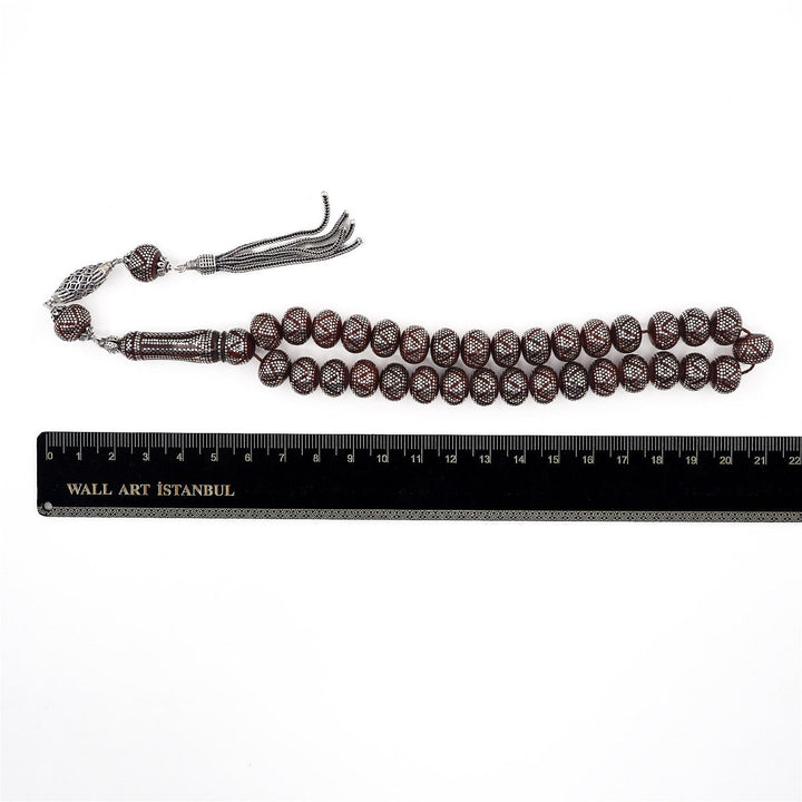 Master Crafted Silver Inlaid Wheel Cut Kuka Wood Tasbeeh (with Silver Tassel &amp; Special Box) - WATD488