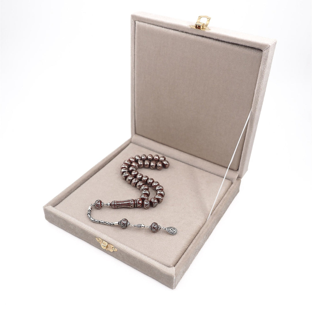 Master Crafted Silver Inlaid Wheel Cut Kuka Wood Tasbeeh (with Silver Tassel &amp; Special Box) - WATD489