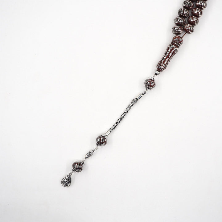 Master Crafted Silver Inlaid Wheel Cut Kuka Wood Tasbeeh (with Silver Tassel &amp; Special Box) - WATD489