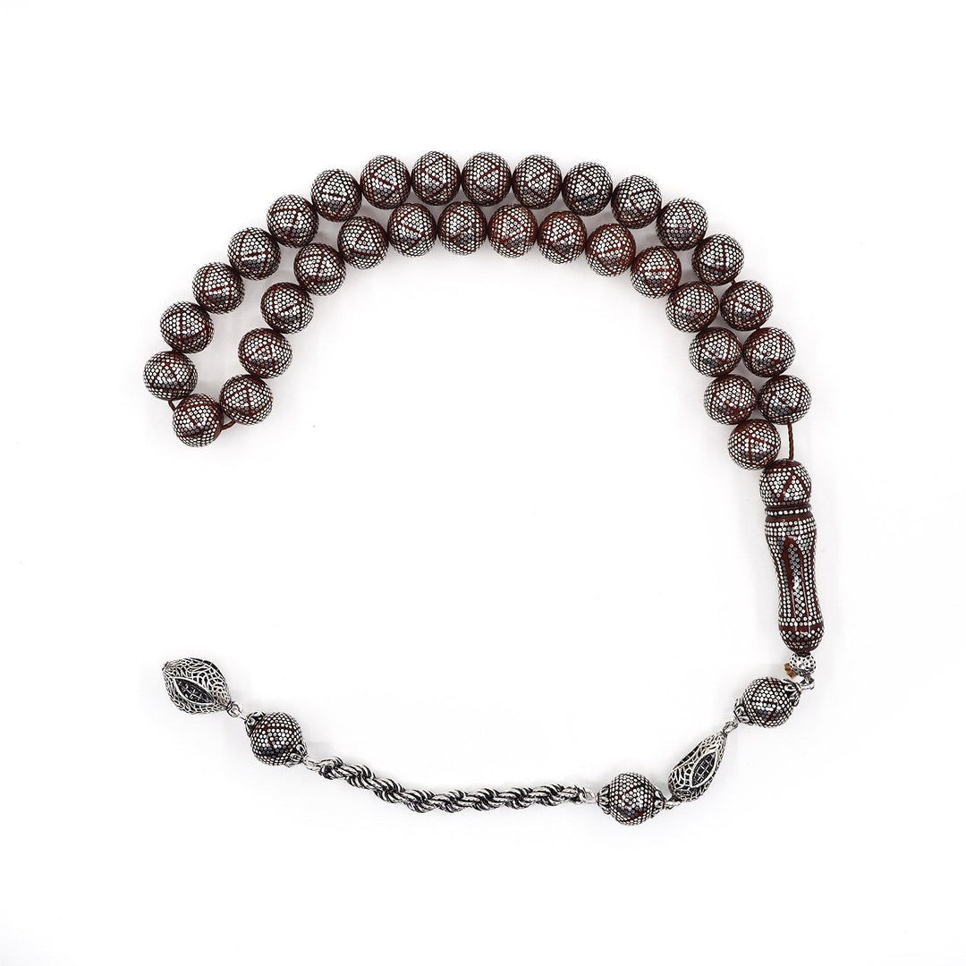 Master Crafted Silver Inlaid Round Cut Kuka Wood Tasbeeh (with Silver Tassel &amp; Special Box) - WATD490