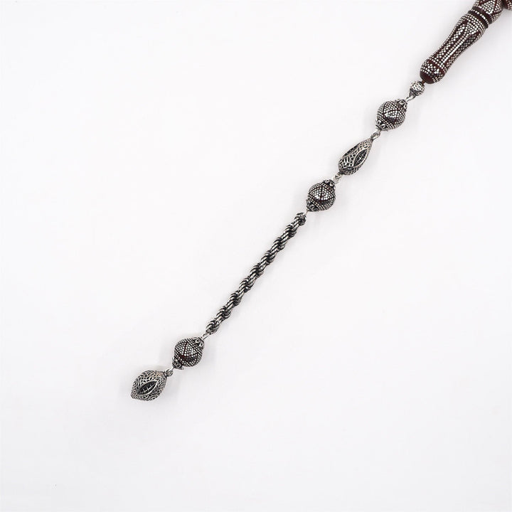 Master Crafted Silver Inlaid Round Cut Kuka Wood Tasbeeh (with Silver Tassel &amp; Special Box) - WATD490