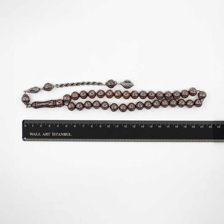 Master Crafted Silver Inlaid Round Cut Kuka Wood Tasbeeh (with Silver Tassel &amp; Special Box) - WATD490