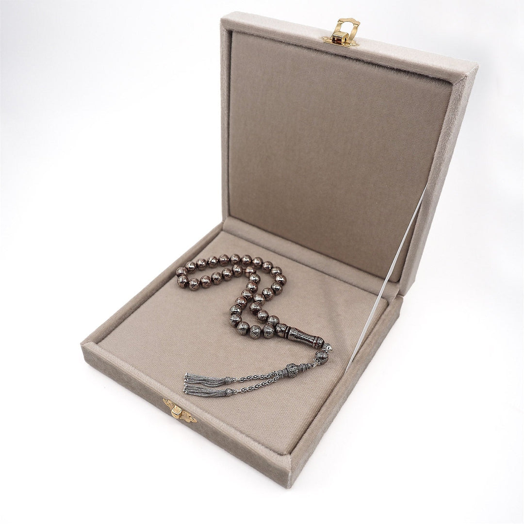 Master Crafted Silver Inlaid Round Cut Kuka Wood Tasbeeh (with Silver Tassel &amp; Special Box) - WATD492