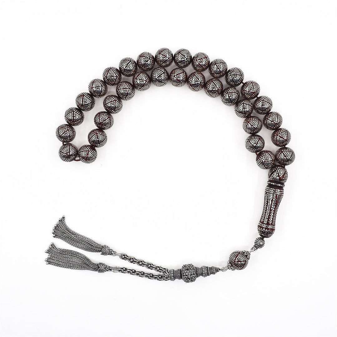 Master Crafted Silver Inlaid Round Cut Kuka Wood Tasbeeh (with Silver Tassel &amp; Special Box) - WATD492