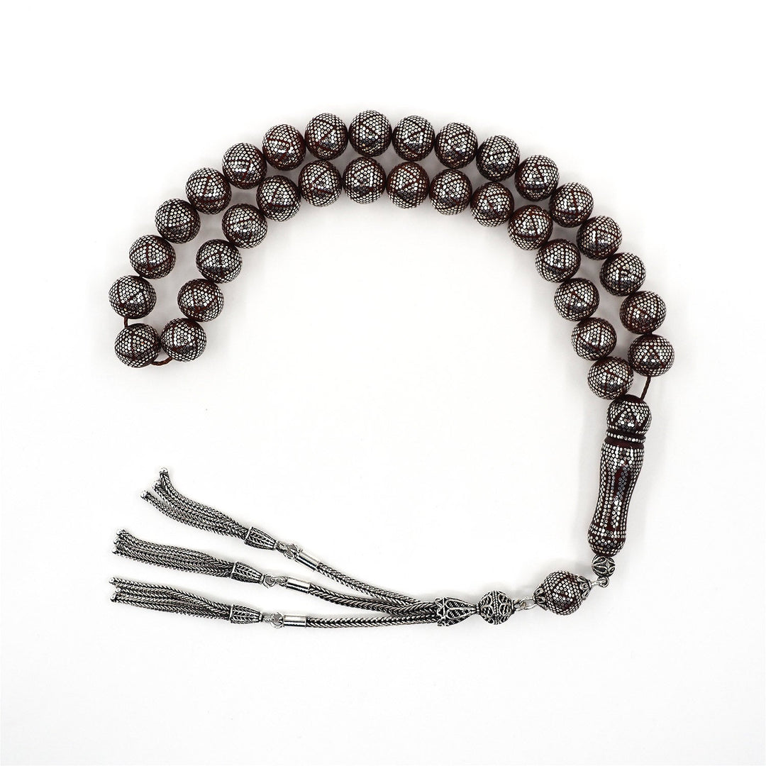 Master Crafted Silver Inlaid Round Cut Kuka Wood Tasbeeh (with Silver Tassel &amp; Special Box) - WATD493