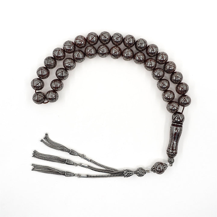 Master Crafted Silver Inlaid Round Cut Kuka Wood Tasbeeh (with Silver Tassel &amp; Special Box) - WATD493