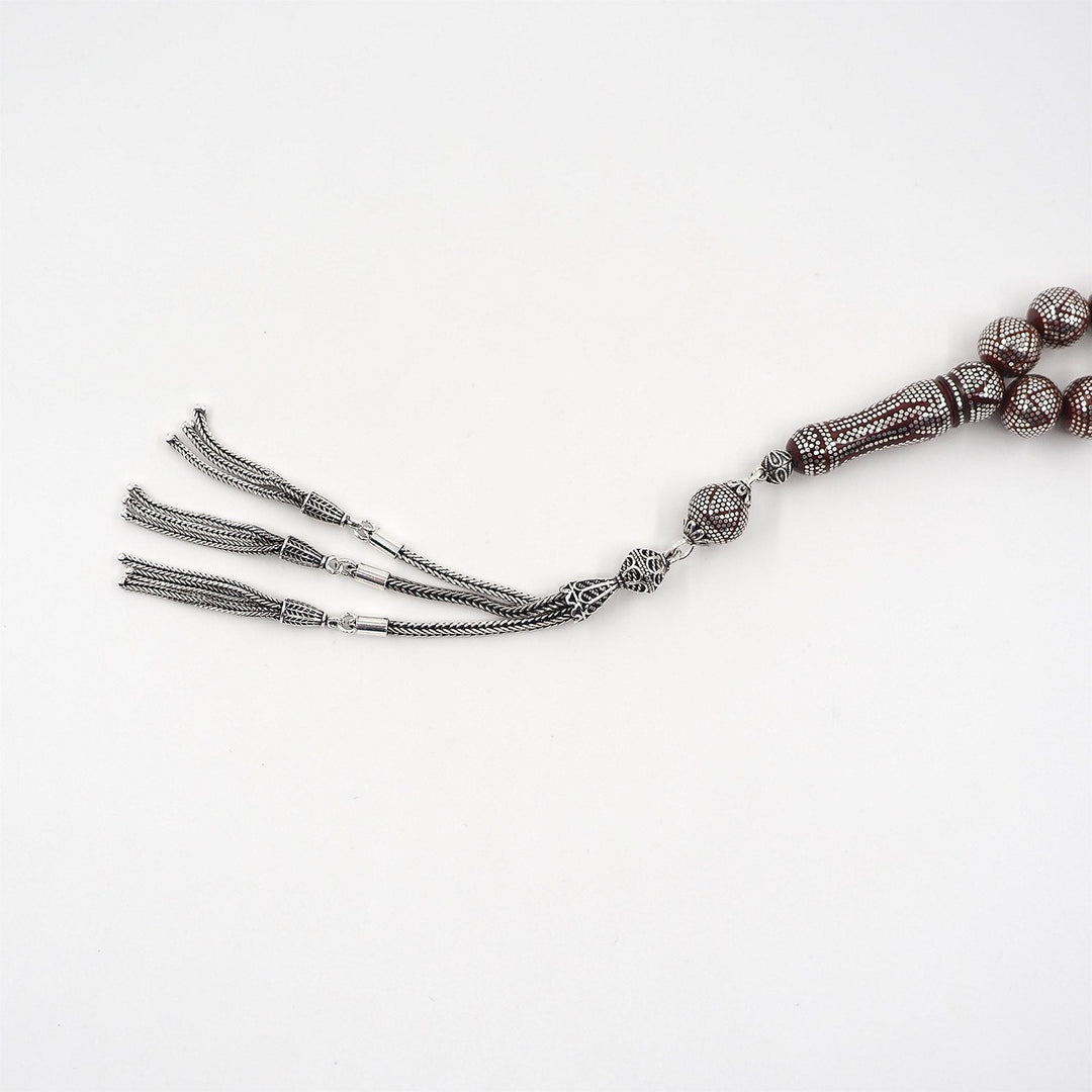 Master Crafted Silver Inlaid Round Cut Kuka Wood Tasbeeh (with Silver Tassel &amp; Special Box) - WATD493
