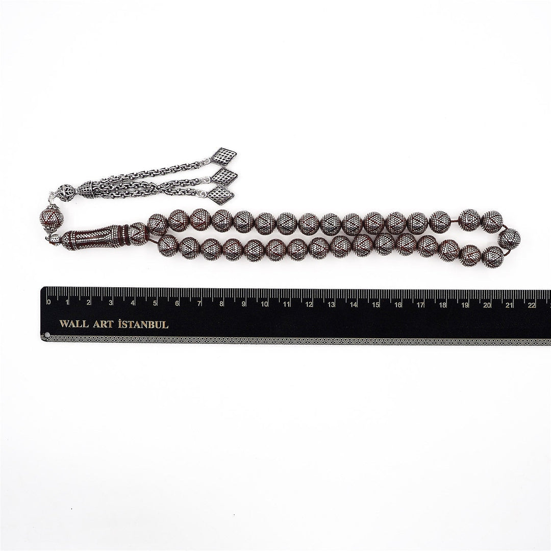 Master Crafted Silver Inlaid Round Cut Kuka Wood Tasbeeh (with Silver Tassel &amp; Special Box) - WATD494