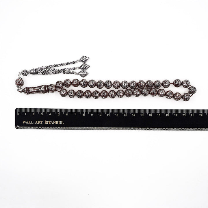 Master Crafted Silver Inlaid Round Cut Kuka Wood Tasbeeh (with Silver Tassel &amp; Special Box) - WATD494