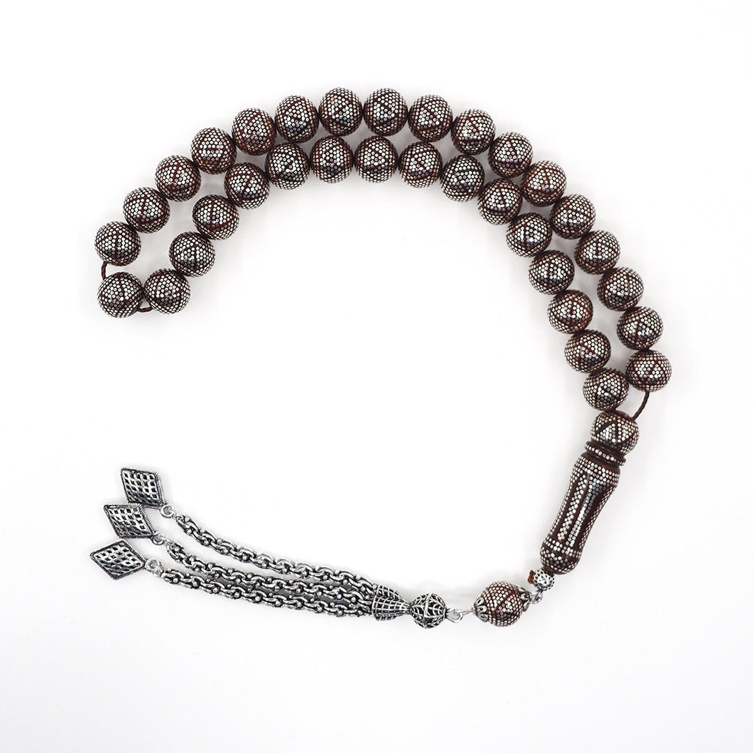 Master Crafted Silver Inlaid Round Cut Kuka Wood Tasbeeh (with Silver Tassel &amp; Special Box) - WATD494