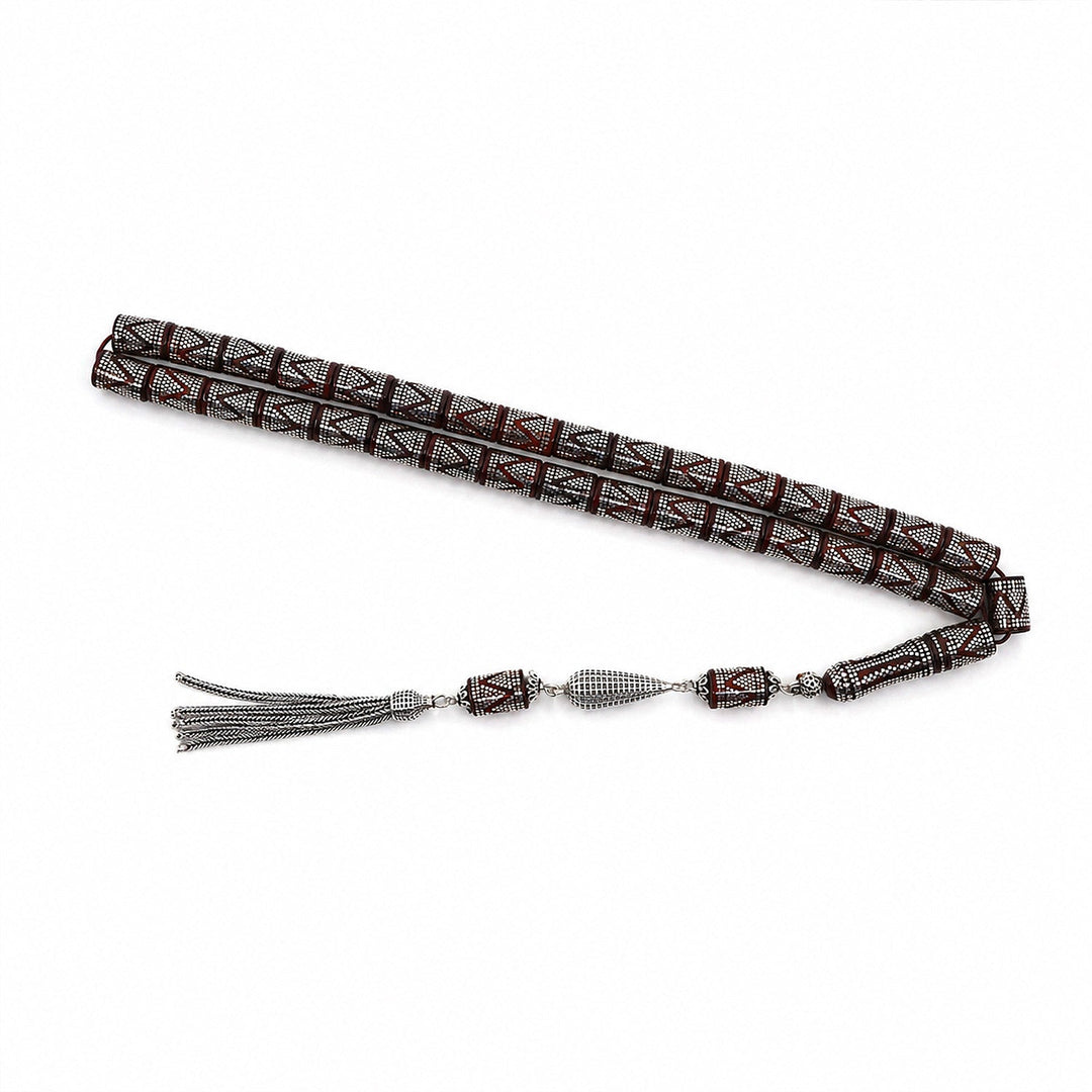 Master Crafted Silver Inlaid Faceted Cut Kuka Wood Tasbeeh (with Silver Tassel &amp; Special Box) - WATD495