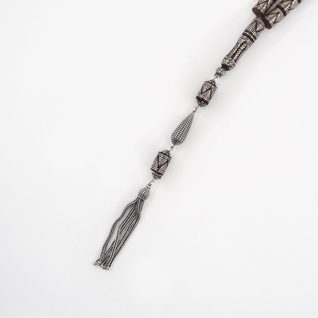 Master Crafted Silver Inlaid Faceted Cut Kuka Wood Tasbeeh (with Silver Tassel &amp; Special Box) - WATD495