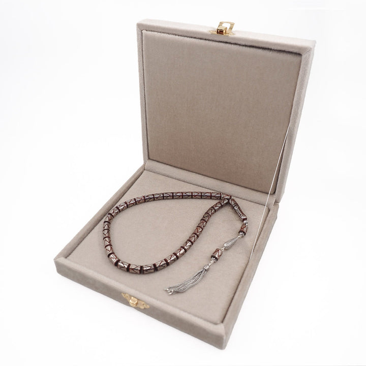 Master Crafted Silver Inlaid Faceted Cut Kuka Wood Tasbeeh (with Silver Tassel &amp; Special Box) - WATD495