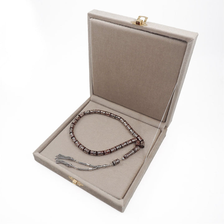 Master Crafted Silver Inlaid Faceted Cut Kuka Wood Tasbeeh (with Silver Tassel &amp; Special Box) - WATD496