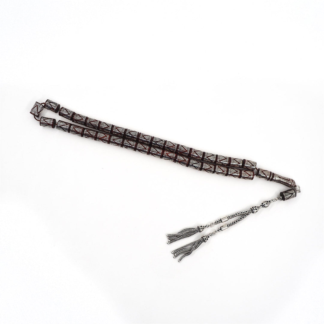 Master Crafted Silver Inlaid Faceted Cut Kuka Wood Tasbeeh (with Silver Tassel &amp; Special Box) - WATD496