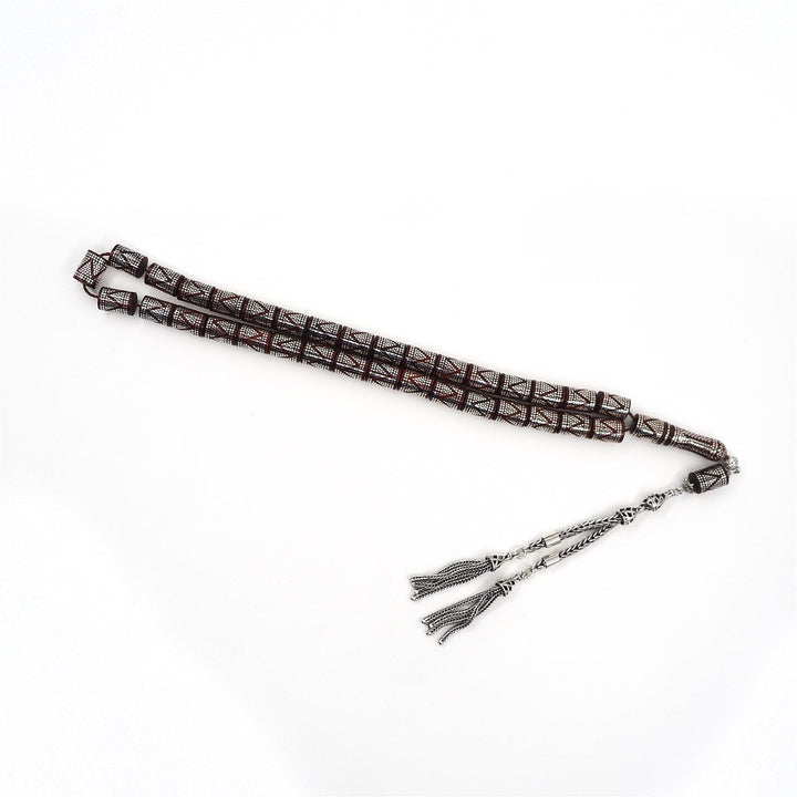 Master Crafted Silver Inlaid Faceted Cut Kuka Wood Tasbeeh (with Silver Tassel &amp; Special Box) - WATD496