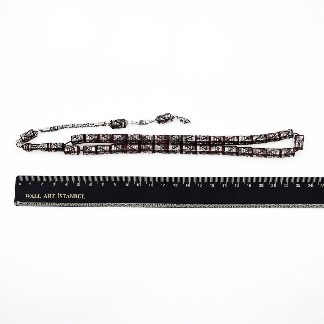Master Crafted Silver Inlaid Faceted Cut Kuka Wood Tasbeeh (with Silver Tassel &amp; Special Box) - WATD497