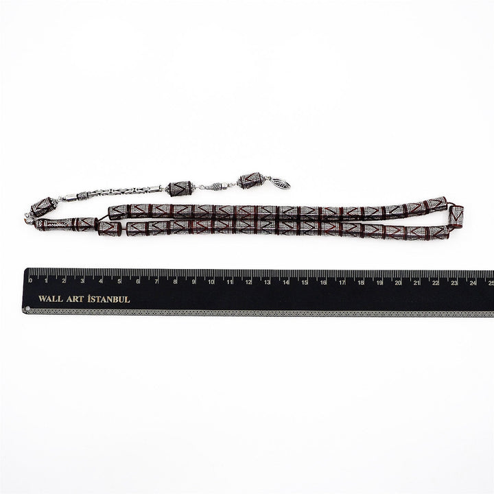 Master Crafted Silver Inlaid Faceted Cut Kuka Wood Tasbeeh (with Silver Tassel &amp; Special Box) - WATD497