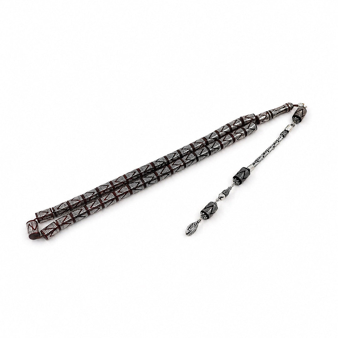 Master Crafted Silver Inlaid Faceted Cut Kuka Wood Tasbeeh (with Silver Tassel &amp; Special Box) - WATD497
