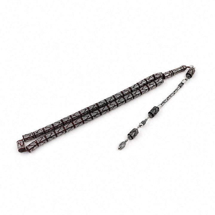 Master Crafted Silver Inlaid Faceted Cut Kuka Wood Tasbeeh (with Silver Tassel &amp; Special Box) - WATD497
