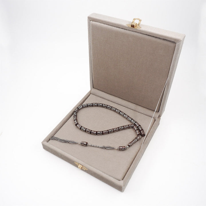 Master Crafted Silver Inlaid Faceted Cut Kuka Wood Tasbeeh (with Silver Tassel &amp; Special Box) - WATD498
