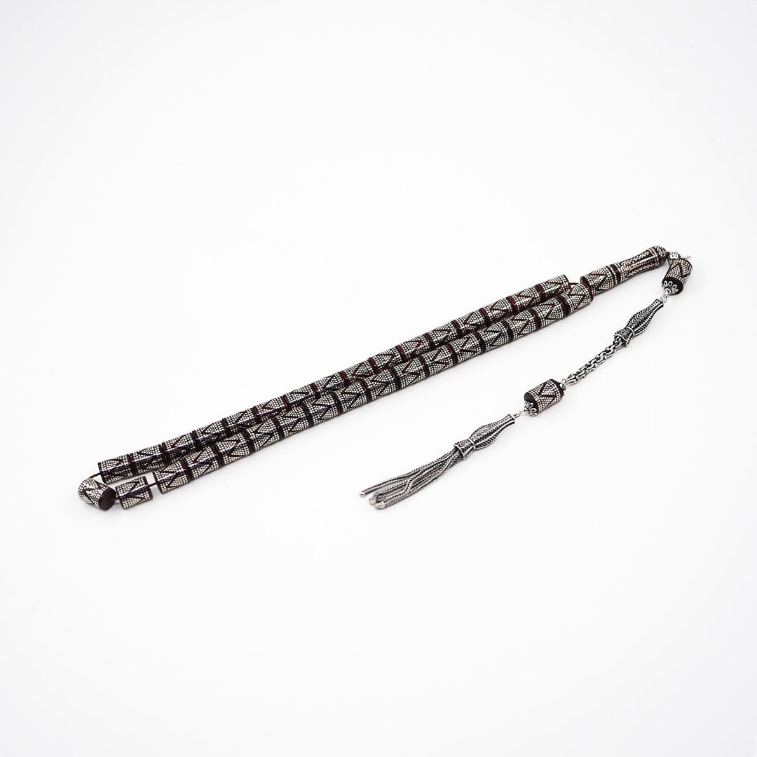 Master Crafted Silver Inlaid Faceted Cut Kuka Wood Tasbeeh (with Silver Tassel &amp; Special Box) - WATD498