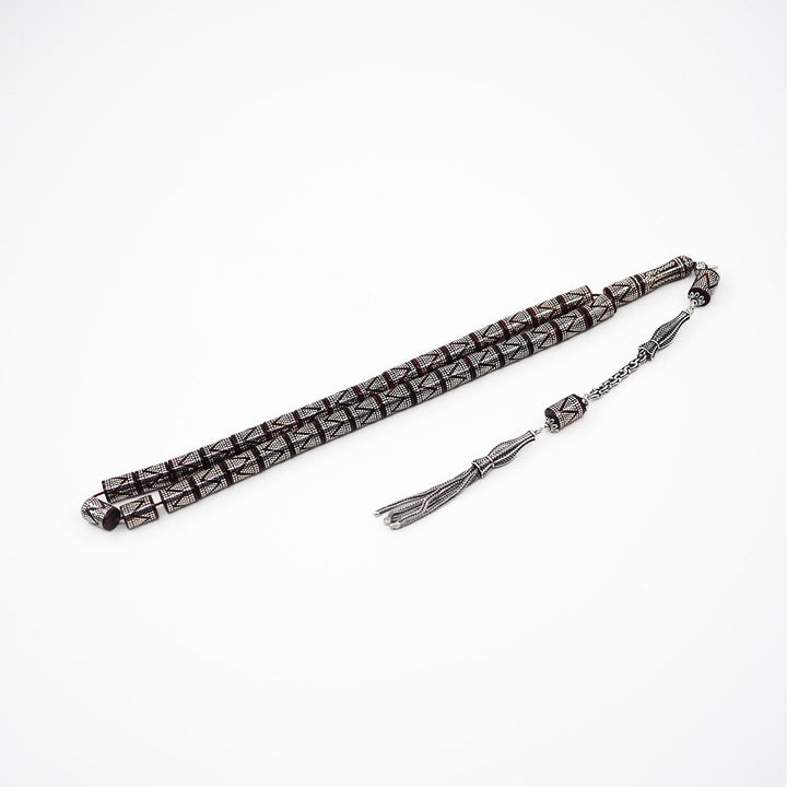 Master Crafted Silver Inlaid Faceted Cut Kuka Wood Tasbeeh (with Silver Tassel &amp; Special Box) - WATD498