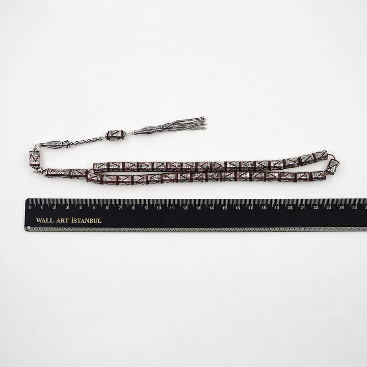 Master Crafted Silver Inlaid Faceted Cut Kuka Wood Tasbeeh (with Silver Tassel &amp; Special Box) - WATD498