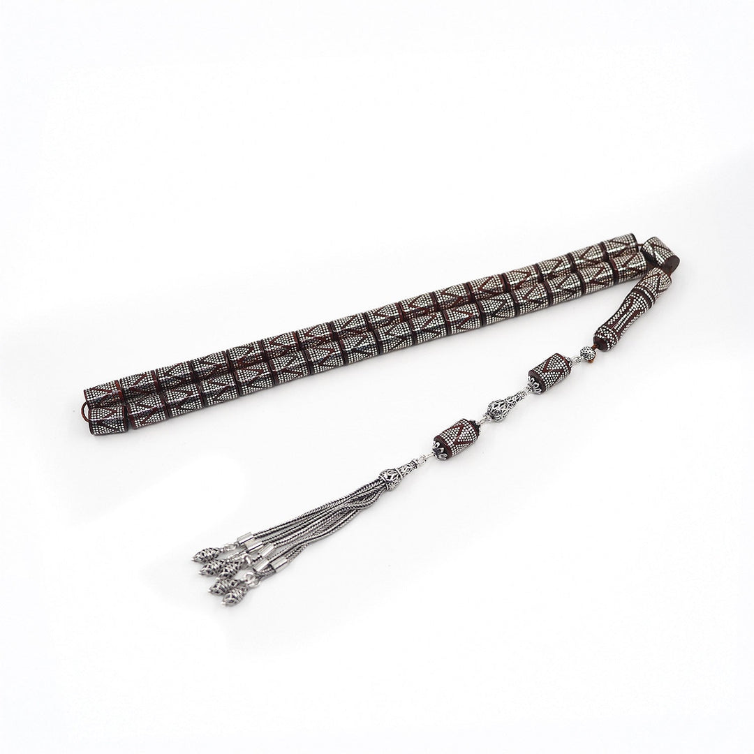 Master Crafted Silver Inlaid Faceted Cut Kuka Wood Tasbeeh (with Silver Tassel &amp; Special Box) - WATD499