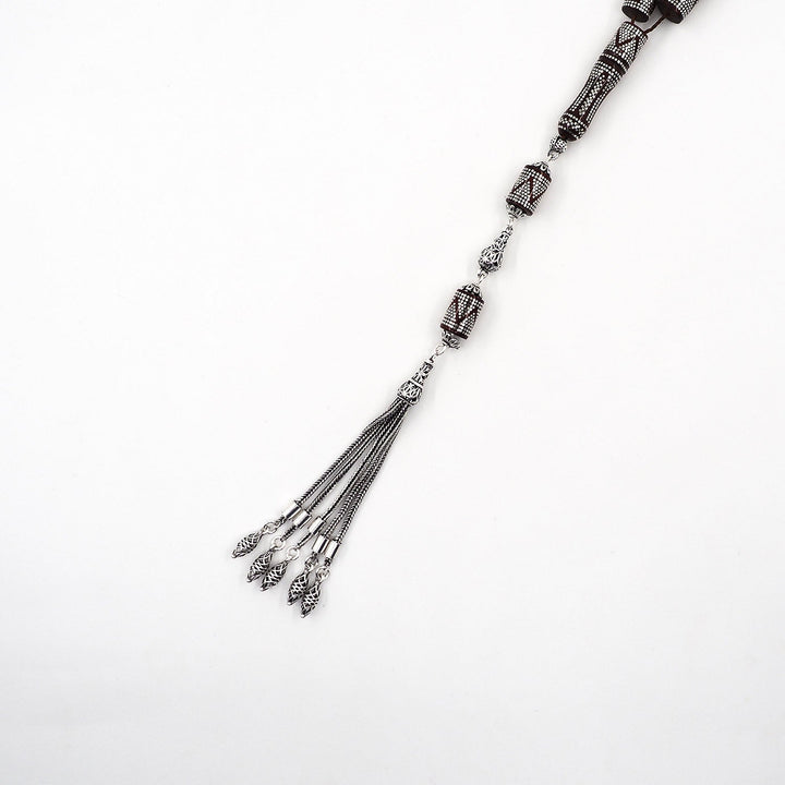 Master Crafted Silver Inlaid Faceted Cut Kuka Wood Tasbeeh (with Silver Tassel &amp; Special Box) - WATD499