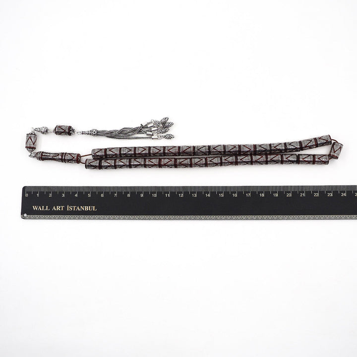 Master Crafted Silver Inlaid Faceted Cut Kuka Wood Tasbeeh (with Silver Tassel &amp; Special Box) - WATD499