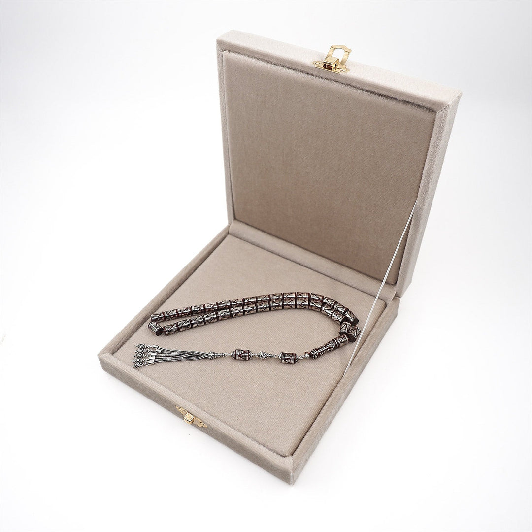 Master Crafted Silver Inlaid Faceted Cut Kuka Wood Tasbeeh (with Silver Tassel &amp; Special Box) - WATD499
