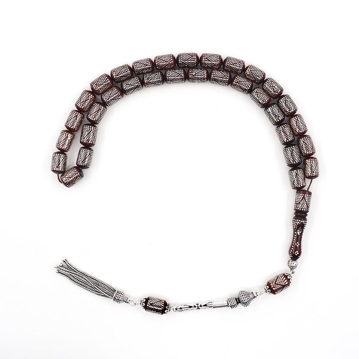 Silver Inlaid Capsule Cut Kuka Wood Tasbeeh (with Silver Tassel &amp; Special Box) - WATD500