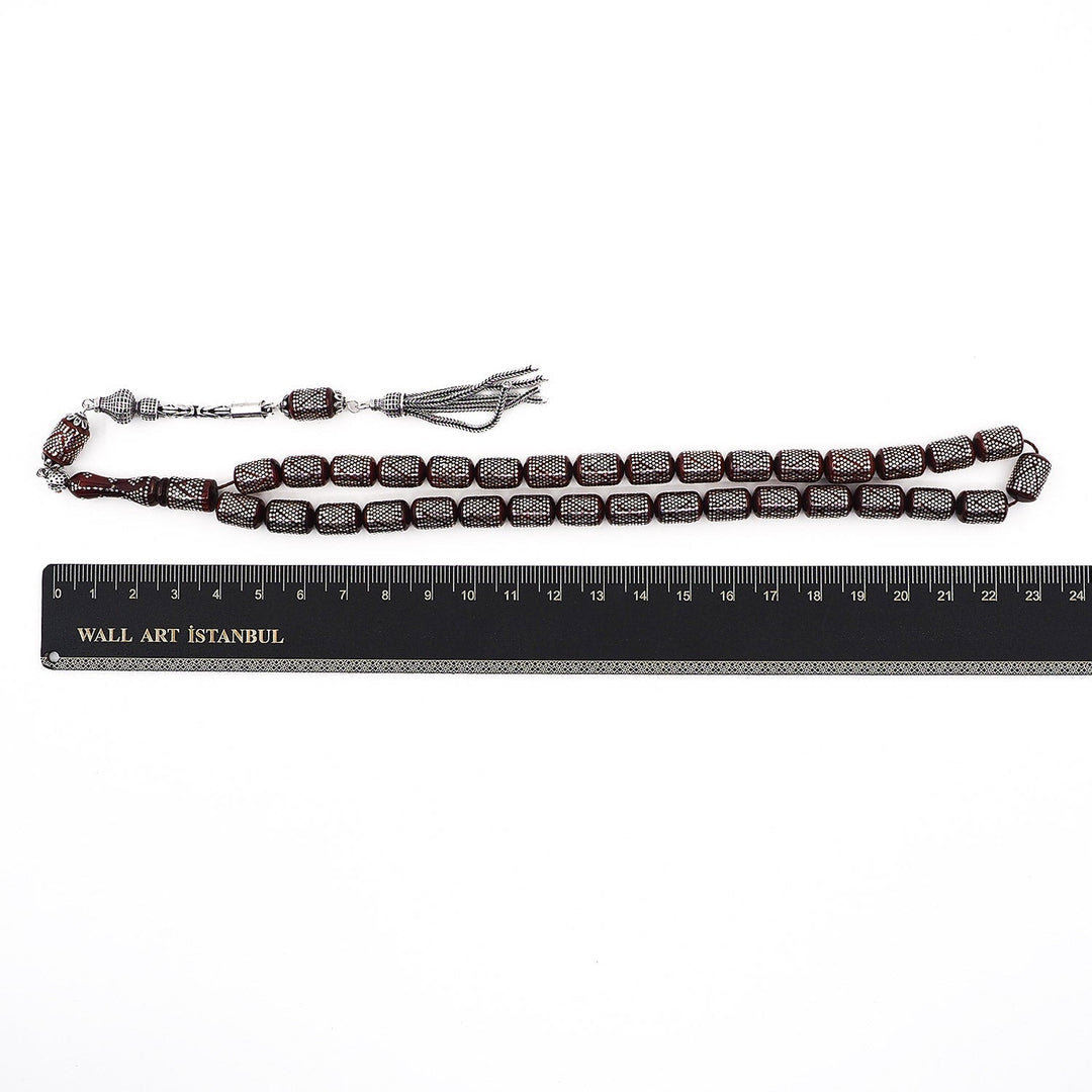 Silver Inlaid Capsule Cut Kuka Wood Tasbeeh (with Silver Tassel &amp; Special Box) - WATD500