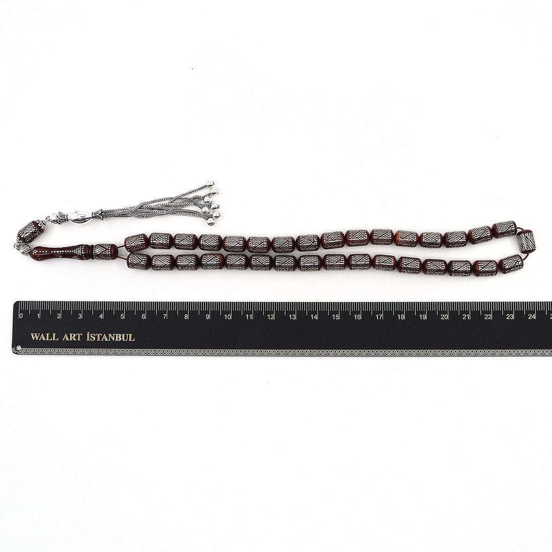 Silver Inlaid Capsule Cut Kuka Wood Tasbeeh (with Silver Tassel &amp; Special Box) - WATD501