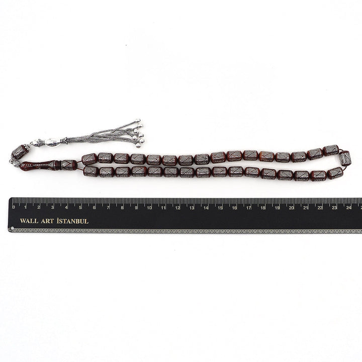 Silver Inlaid Capsule Cut Kuka Wood Tasbeeh (with Silver Tassel &amp; Special Box) - WATD501