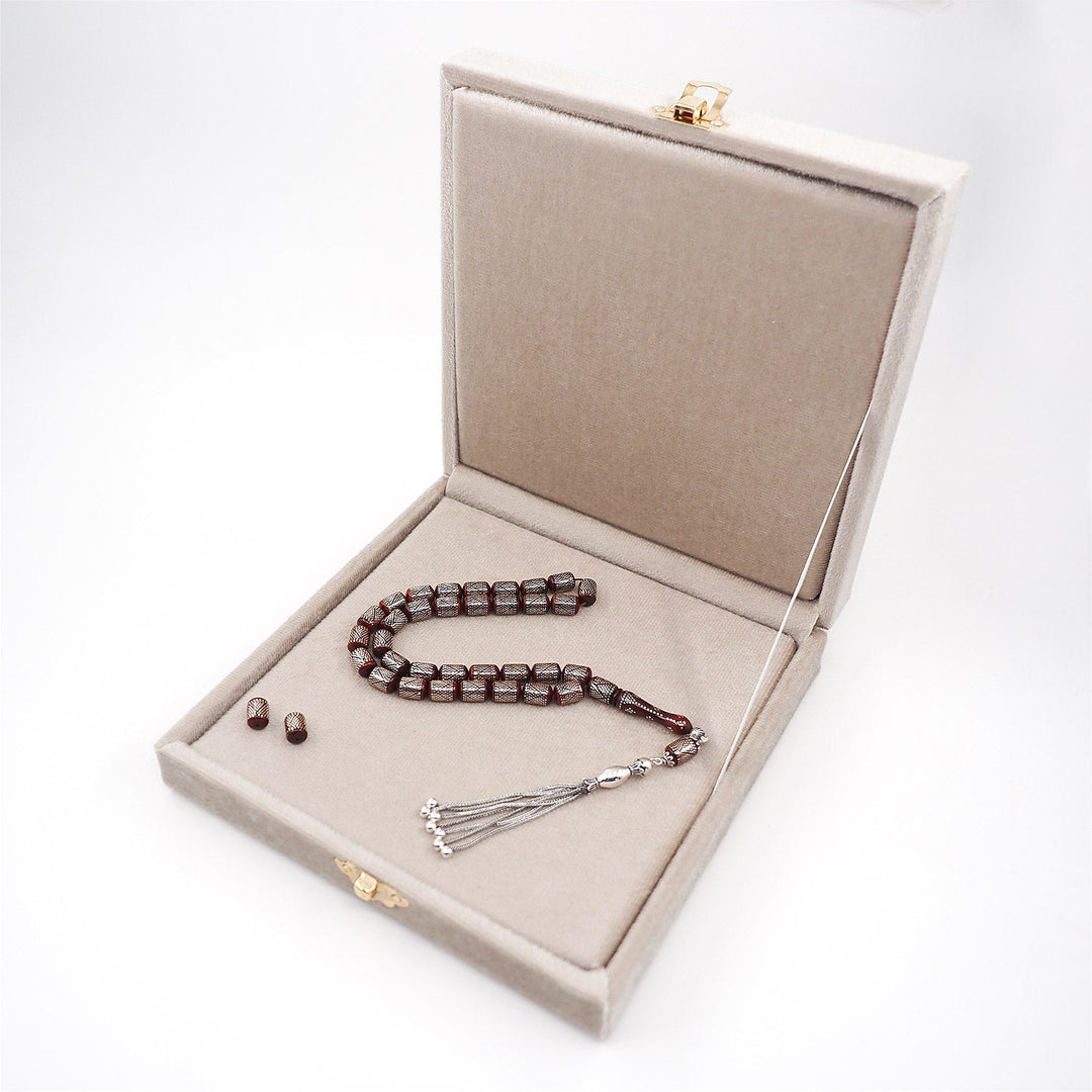 Silver Inlaid Capsule Cut Kuka Wood Tasbeeh (with Silver Tassel &amp; Special Box) - WATD501