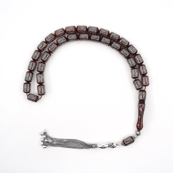 Silver Inlaid Capsule Cut Kuka Wood Tasbeeh (with Silver Tassel &amp; Special Box) - WATD501