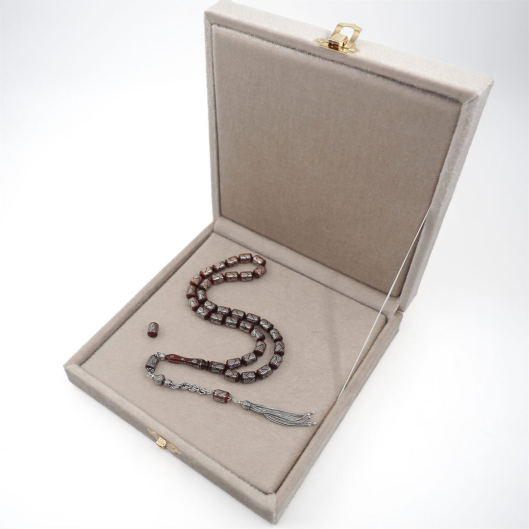 Silver Inlaid Capsule Cut Kuka Wood Tasbeeh (with Silver Tassel &amp; Special Box) - WATD502