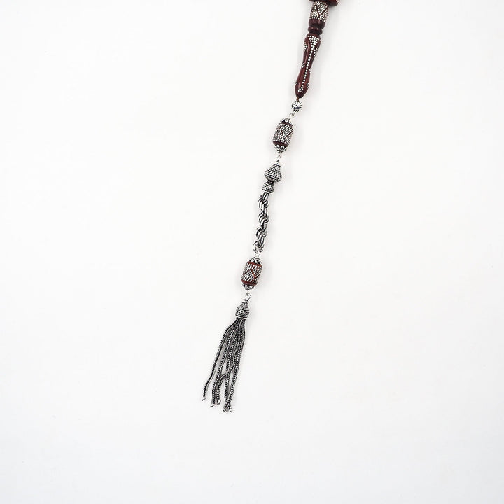 Silver Inlaid Capsule Cut Kuka Wood Tasbeeh (with Silver Tassel &amp; Special Box) - WATD502