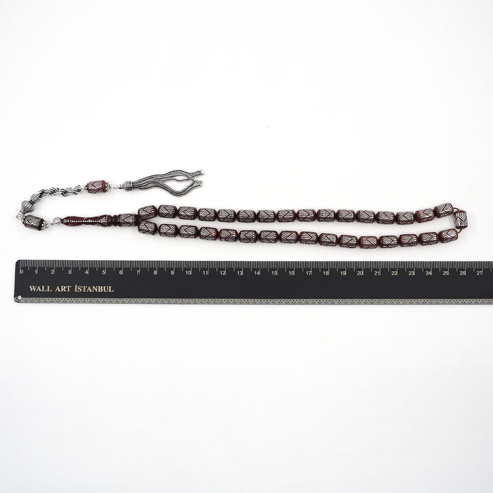 Silver Inlaid Capsule Cut Kuka Wood Tasbeeh (with Silver Tassel &amp; Special Box) - WATD502