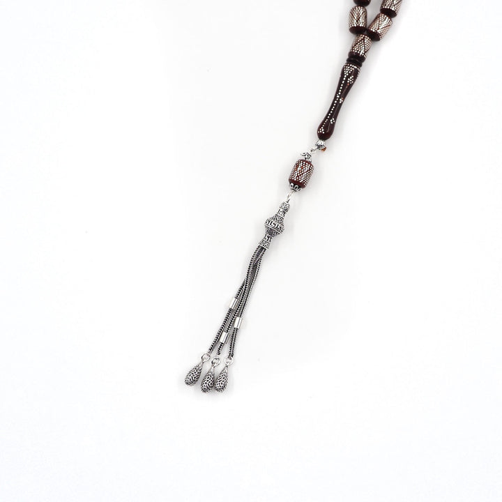 Silver Inlaid Capsule Cut Kuka Wood Tasbeeh (with Silver Tassel &amp; Special Box) - WATD503