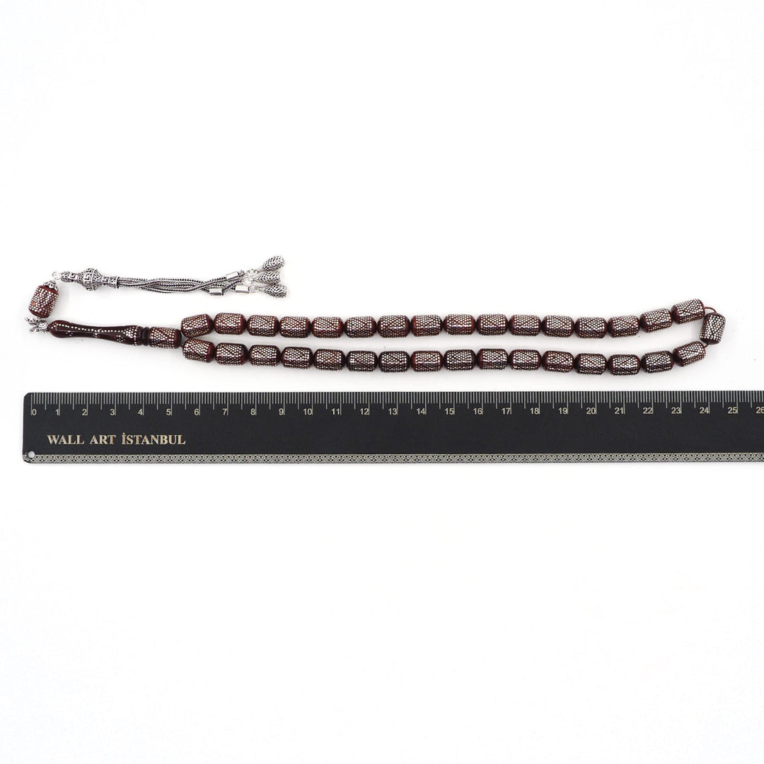 Silver Inlaid Capsule Cut Kuka Wood Tasbeeh (with Silver Tassel &amp; Special Box) - WATD503